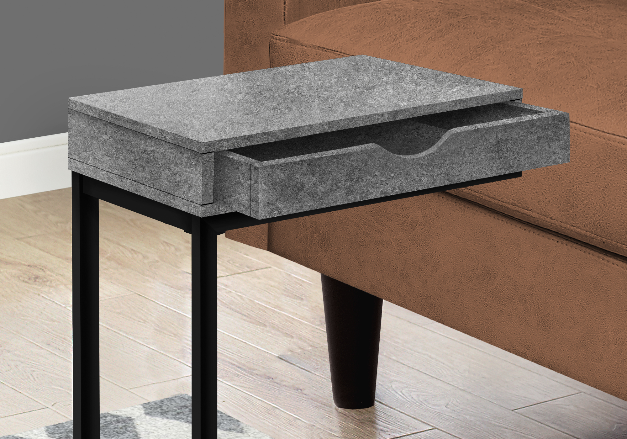 Accent Table - Grey Stone-Look, Black Metal